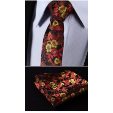 2delige set stropdas pochet bruin rood geel Bloemen